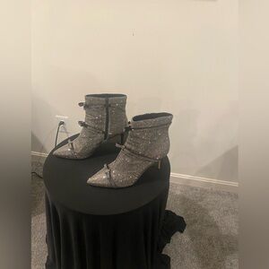 Sparkly Silver Ankle Boots with Bow Accents